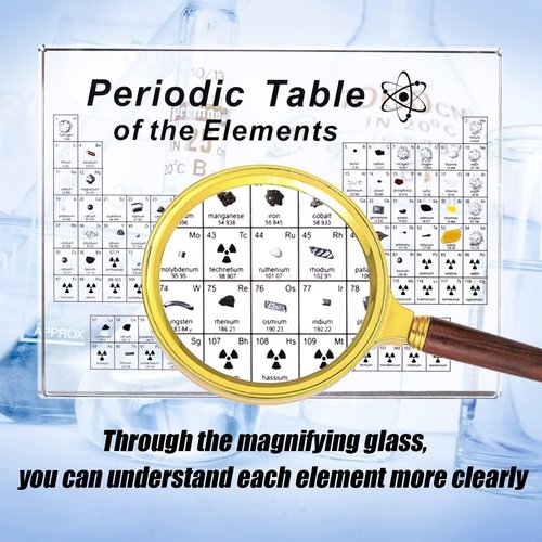 SETHVILL Periodic Table - 83 Real Elements in Acrylic Display with Wooden Stand & Magnifying Glass