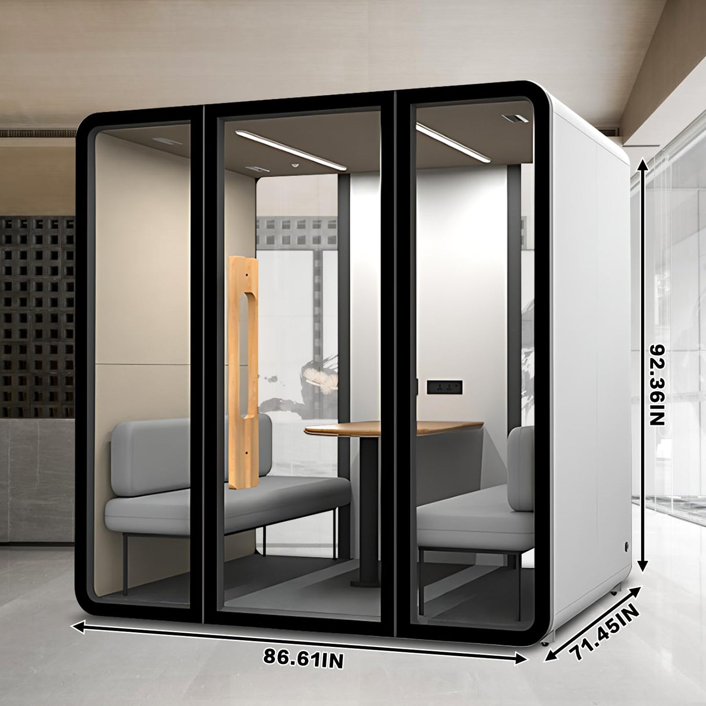 X-Comfot Outdoor Office Pod Booth with Audio Privacy - Freestanding Soundproof Booth with Black and White Frame and Wood Color Door Handle,Sound Booth with Ventilation System for Meeting (86.6IN)
