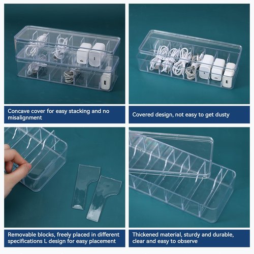 Josojoou 3Pack Cable Organizer Box, Cord Storage Organizer, Clear Charger Organizers with Lid, 30Pcs Cables Ties, Small Gird Plastic Boxes for Home Desk with Removable Compartment