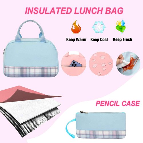 Psecoll 6Pcs Kawaii Backpack Set, Blue Backpack Plaid Laptop Bag Water-Resistant Lightweight Daypack, Large Capacity Double Shoulder Backpack with Chest Strap (Blue)