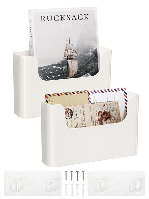 FKTXCO Wall Mount File Organizer Holder Hanging File Organizer Door Office Mail Supplies Storage Magazine Envelope Planner Wall Single Pocket (Off White, 2 Pack)