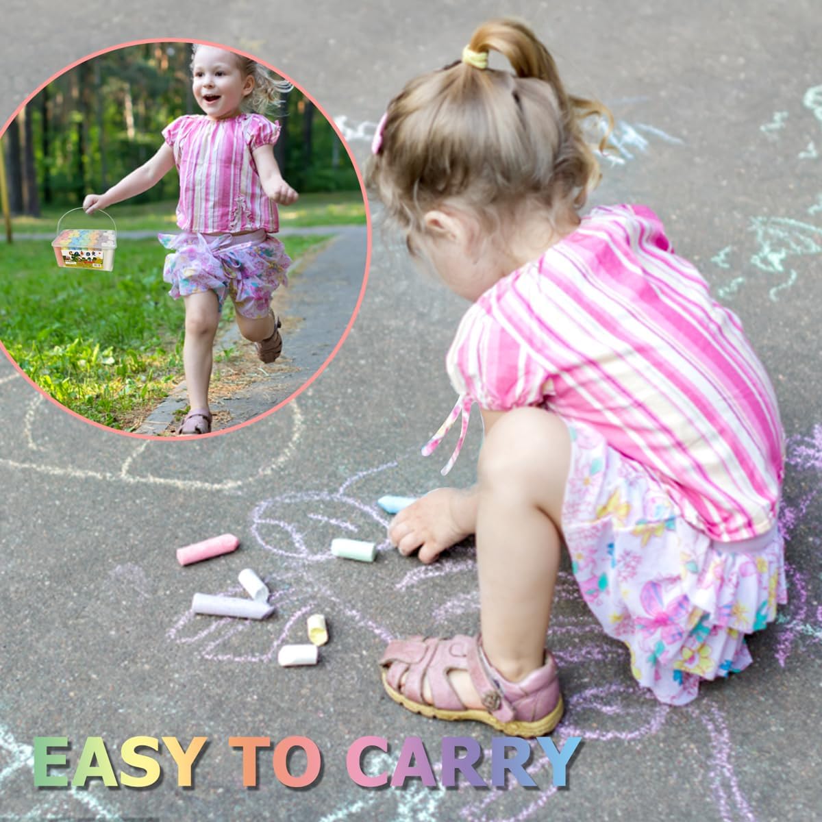 Skiennix Washable Sidewalk Chalk - 52 Jumbo Non-Toxic Pieces in 7 Vibrant Colors | Perfect for Kids & Adults
