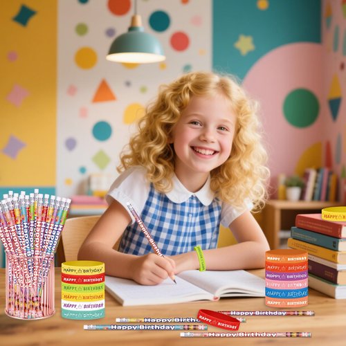 emzrivo 48 Pcs Happy Birthday Pencils Set 24 Happy Birthday Pencils for Students 24 Happy Birthday Silicone Bracelets Rubber Wristband Bulk Birthday Classroom Gifts (Modern)