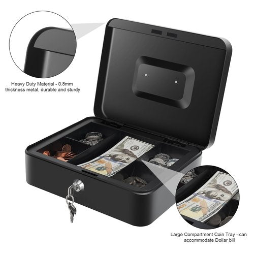 Cash Box with Money Tray - Large Money Box with Lock, Metal Safe Box for Money 9.84" x 7.87" x 3.54" Black