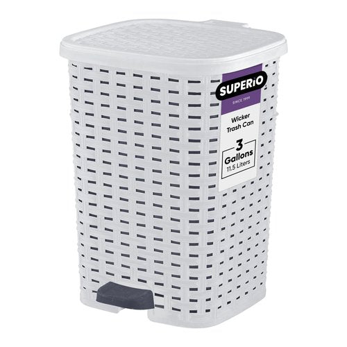 Superio Small Outdoor Trash Can with Lid for Dog Poop 3 Gallon/12 L Mini Plastic Garbage Can with Foot Pedal for Bathroom, Bedroom, Office, Patio, Wicker Smoke
