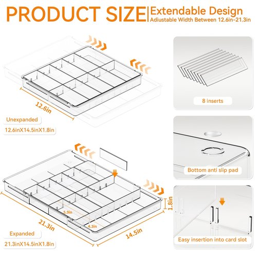 Yieach Large Expandable Desk Drawer Organizer Tray for Office Supplies and Accessories With 12 Adjustable Compartments,Office Drawer Organizers for Pencil,Pen and Kitchen Junk Drawer Organizer,Clear