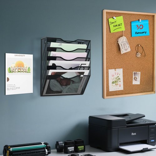 LEKETREE Hanging Wall File Organizer with Office Assorted, 5 Pockets Mesh Wall Mounted File Folder Holder for Mail, Paper, Document, Binder, Magazine, Menu (Black)