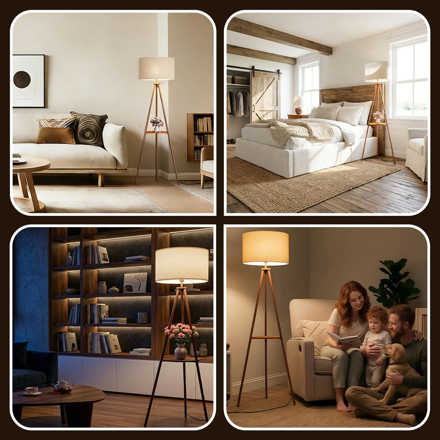 homzuri 58.3" Mid-Century Tripod Floor Lamp with Shelf, Hidden Wiring, RGB Dimmable Bulb Included, Remote & App Control, Iron Corner Standing Lamp with Linen Shade for Living Room Bedroom