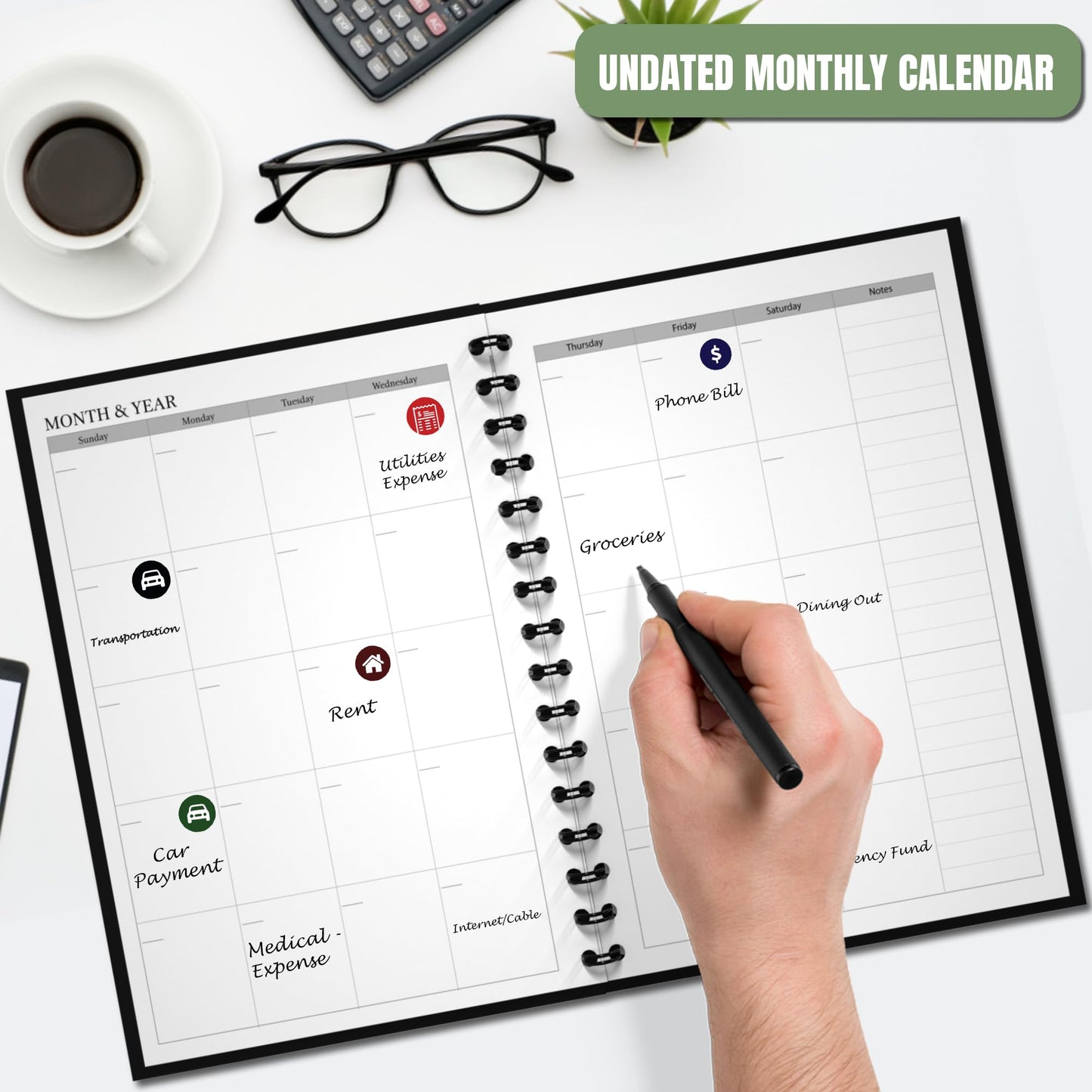 Budget Planner and Monthly Bill Organizer - Financial Planner Budget Book with Sticker Sheets - 12 Month Undated Bill Tracker Notebook with Debt, Saving and Expense Trackers - A5 (Black)