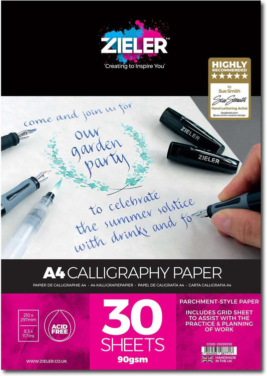 Zieler® Calligraphy Paper Pad - Smooth Bright White Sheets, 100gsm, A4 Size (8.3" x 11.7"), 30 Sheets