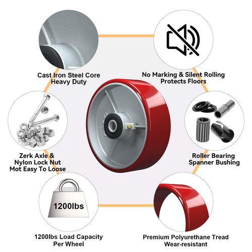 LONGRUNFORU 6" x 2" Polyurethane on cast Iron Wheel, Roller Bearing-1/2" Bore, Set of 4 Heavy Duty Caster Wheels with 4800 lbs Capacity (4 PACK)