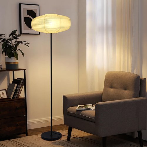 Floor Paper Lamp, Floor Lamp for Living Room with 3 Color Temperatures LED Bulb, 58 Inch Minimalist Standing Lamps with Rice Paper Lampshade, Suitable for Modern/Noguchi Home Decor, Black Floor Lamp