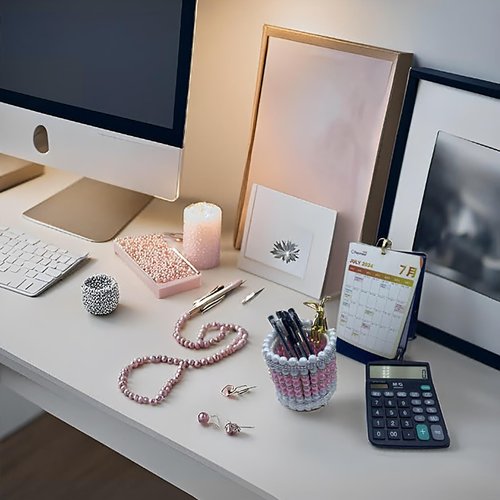 Ruesr Decorative Beaded Pen Holder, Pink and White Pearl Design with Bunny Accent, Desktop Organizer, Handcrafted Office Accessory