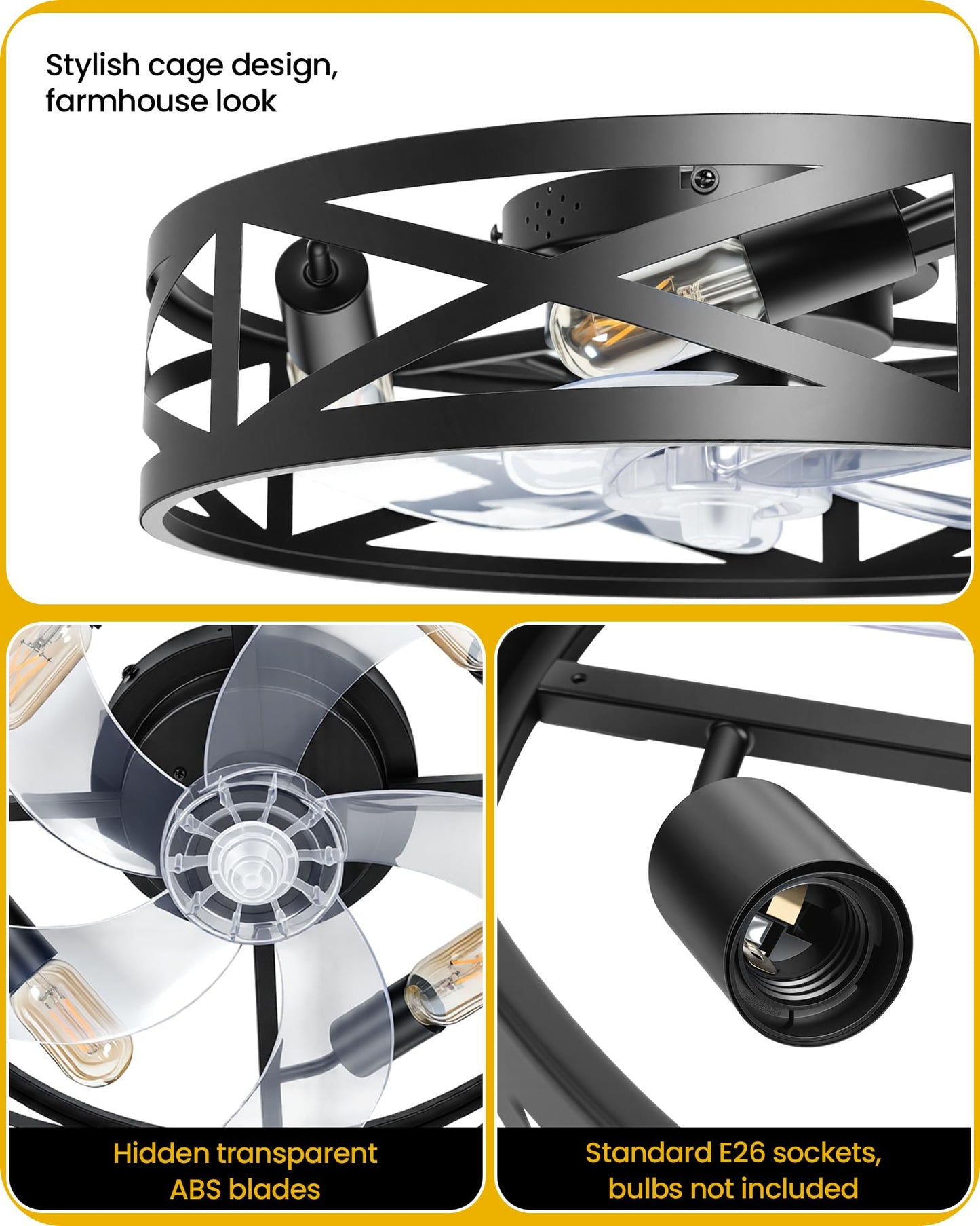20" Farmhouse Flush Mount Ceiling Fan with Lights and Remote, Low Profile Caged Ceiling Fan Fandelier, 6 Speeds, Timer, Reversible DC Motor, Bladeless Ceiling Fan for Bedroom, Kitchen, Black B02CF05