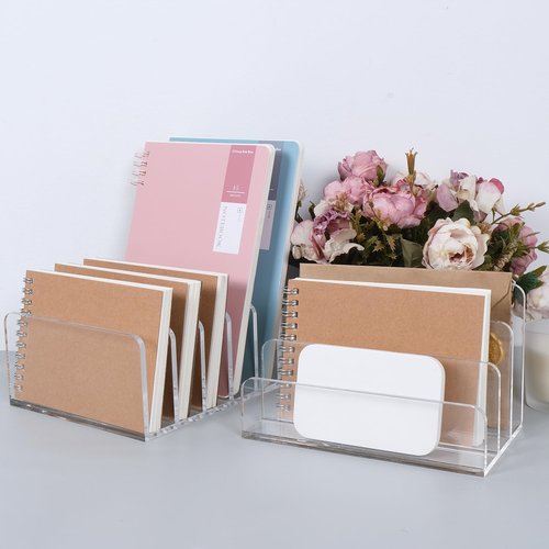 Acrylic Mail Organizer File Holder for Desk 2 PCS, 5 Compartments Clear Desktop Vertical Letter Sorter for Envelopes, Bill, Document, Notebook,Countertop Folder for Office, Home & School