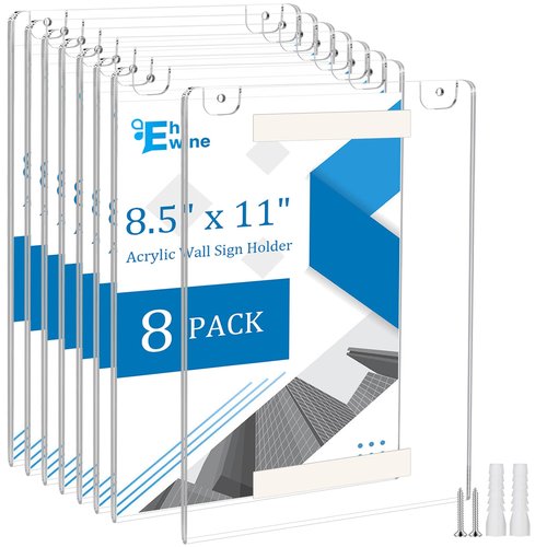 EHWINE 8 Pack 8.5x11 Wall Mount Acrylic Sign Holder, Acrylic Wall Sign Photo Menu Flyer Display Holder, Plastic Clear Picture Adhesive Frames for Business Store (Provide Mounting Screws)