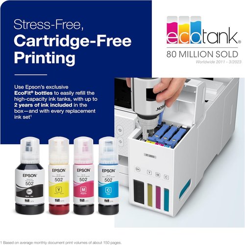Epson EcoTank ET-2850 Wireless All-in-One Printer - Cartridge-Free, Scan & Copy, Auto 2-Sided - White