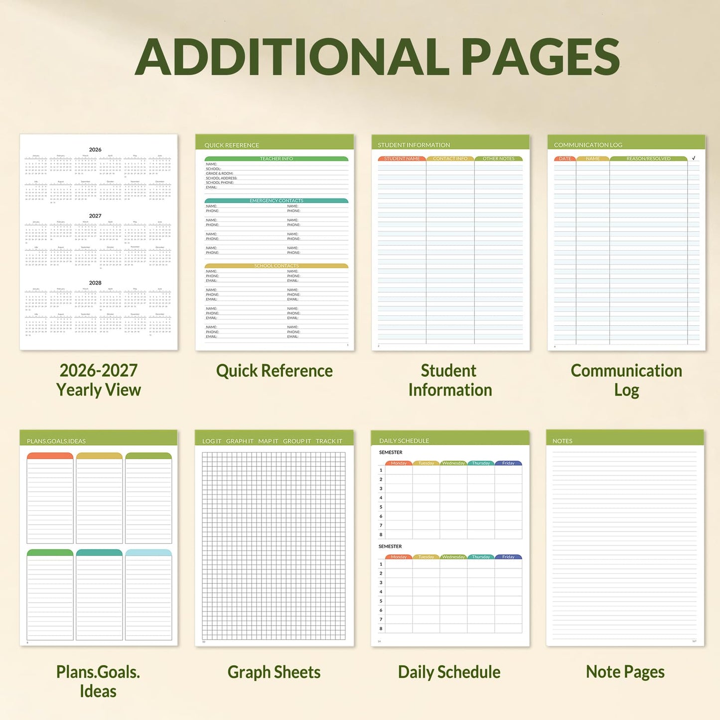 SUNEE Teacher Planner 2026-2027 Academic Year with 7 Periods, Jul 2026 - Jun 2027 Lesson Planner Book 8.5"x11" School Agenda with Subjects, Teacher Calendar with Vegan Leather Cover, Color Tabs, Green