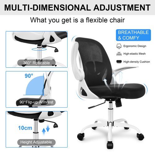 Primy Office Chair Ergonomic Desk Chair with Adjustable Lumbar Support and Height, Swivel Breathable Desk Mesh Computer Chair with Flip up Armrests for Conference Room(White)