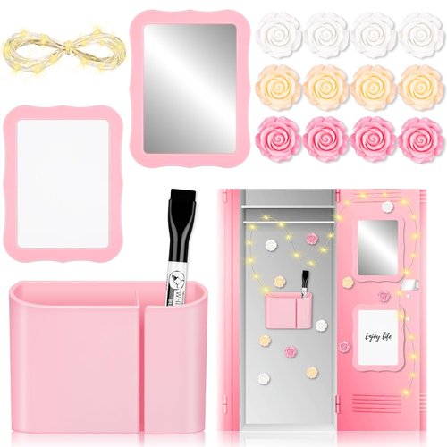 Gosodeny 17 Pcs Locker Accessories Kit, Pink Magnetic Mirror, Magnetic Pen Holder, Whiteboard, Cute Flower Magnet and Organizing Supplies Cute Locker Decor Backing for Girls in Middle School