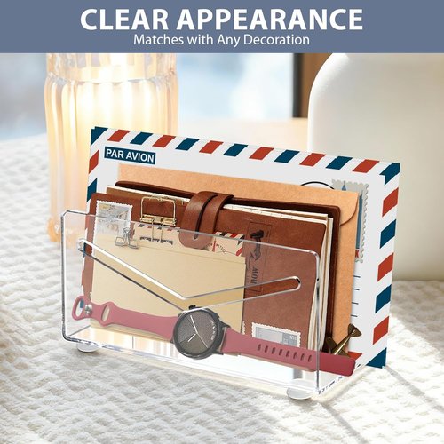 Skiennix Acrylic Mail Holder - Clear Vertical Letter Organizer for Desk | Lightweight Envelope Sorter