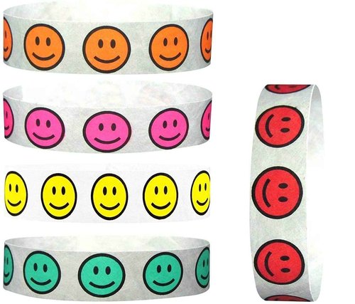 Goldistock Event Wristbands Happy Face 1,000 Count Variety Pack | ¾” Arm Bands | 200 Each: Yellow, Pink, Orange, Red & Aqua | Paper-Like Party Armbands