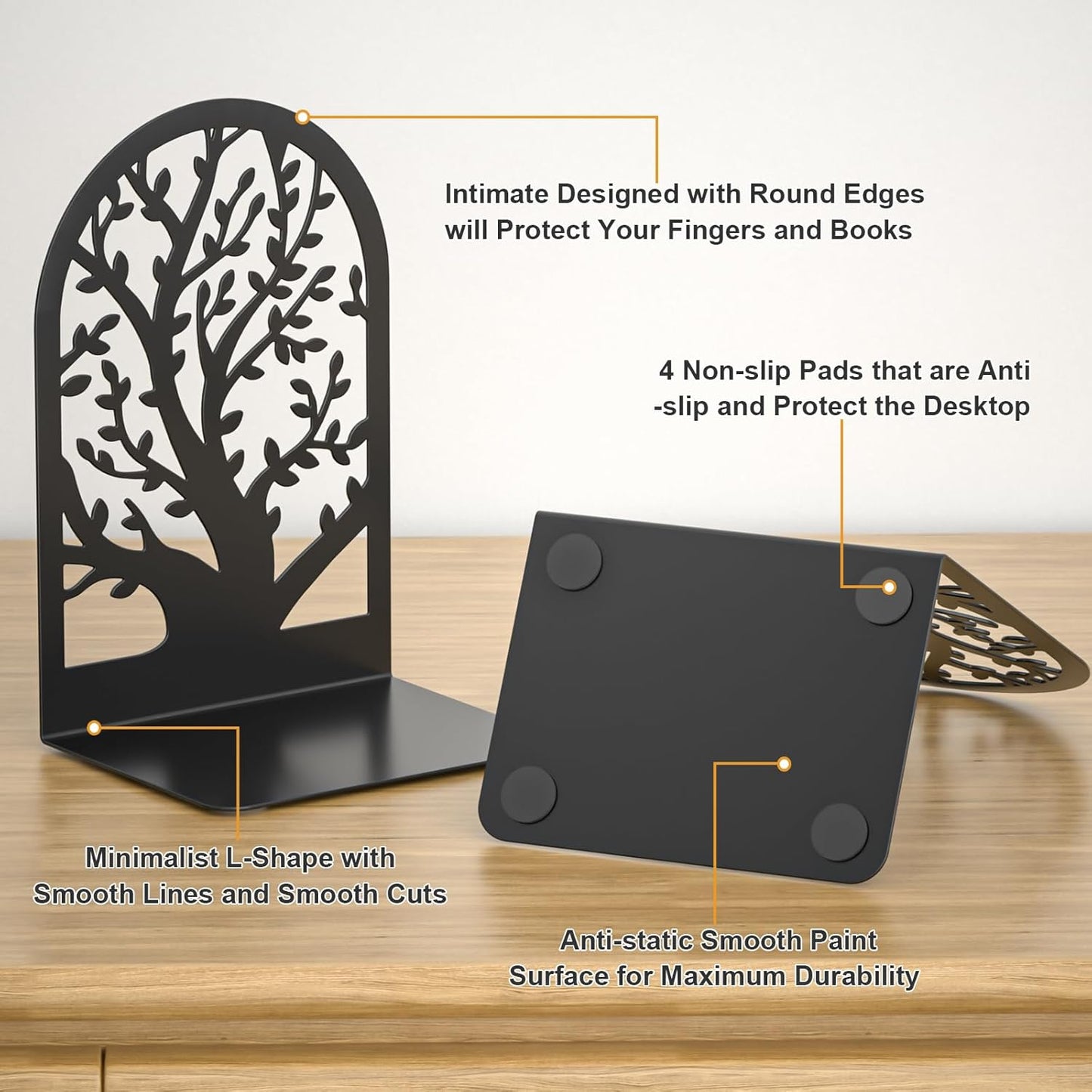 VFINE Black Metal Bookends - Heavy Duty Decorative Bookends for Shelves | Modern Design (2 Pairs)