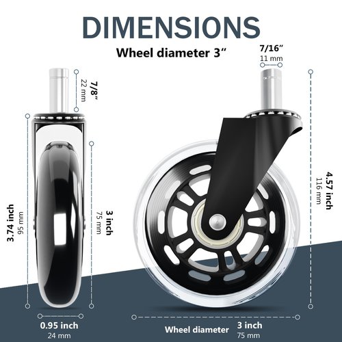 Office Chair Wheels Replacement,3 Inch Casters 7/16" Stem,Universal fit for Most Rolling/Gaming Chairs,Floor Protection for Carpet/Hardwood/Tile,Smooth&Quiet Rolling, Set of 5