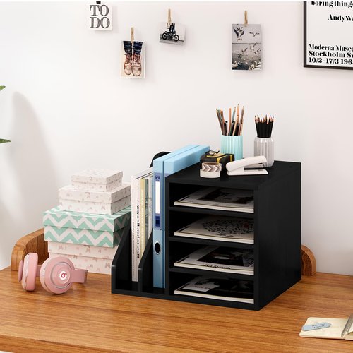 Senhoglb Wood Desk Organizer File Holder, Wooden Mail Organizer Countertop with Adjustable Compartments, Desktop File Organizer Paper Sorter for Home, Office and School, Envelope Organizer, Black