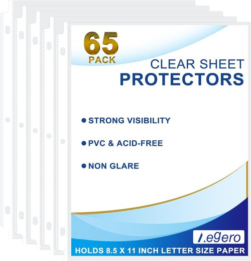Aegero Clear Sheet Protectors - 65 Pack | 8.5 x 11 Inch Top Loading Page Protectors for Binders