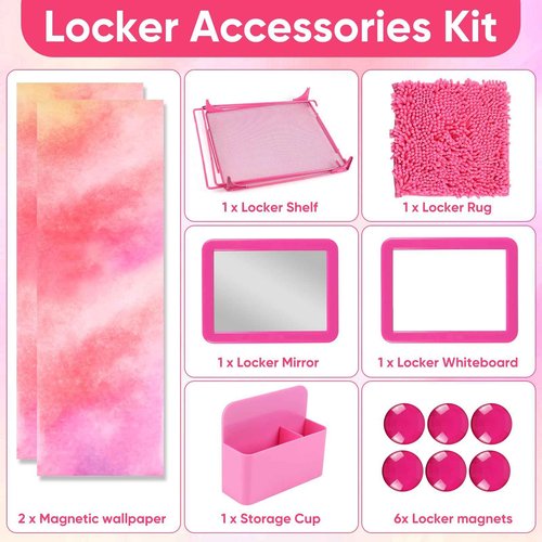 AUECOOME Locker Organizer and Locker Accessories Kit Includes Shelf、Rug、Mirror、Whiteboard、Storage Cup、and Magnetic Wallpaper Pink Locker Accessory for Girls Back to School Essentials (Rose Red)