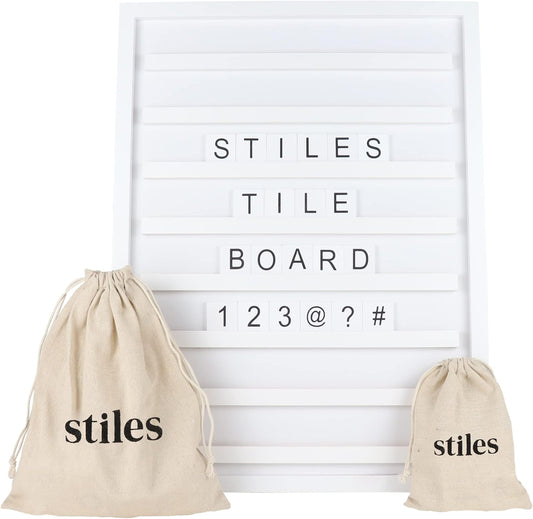 Stiles Tile Letter Board Sign Set - 23"x17" Wooden Message Board with 122 Changeable Letters & Numbers | White