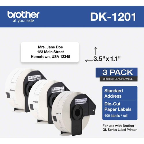 Brother Genuine DK-1201 Die-Cut Standard Address Labels – Long Lasting Reliability, Die-Cut Standard Address Paper Labels, 1.14” x 3.5” Individual Label Size, 400 Labels per Roll, (1) Roll per Box