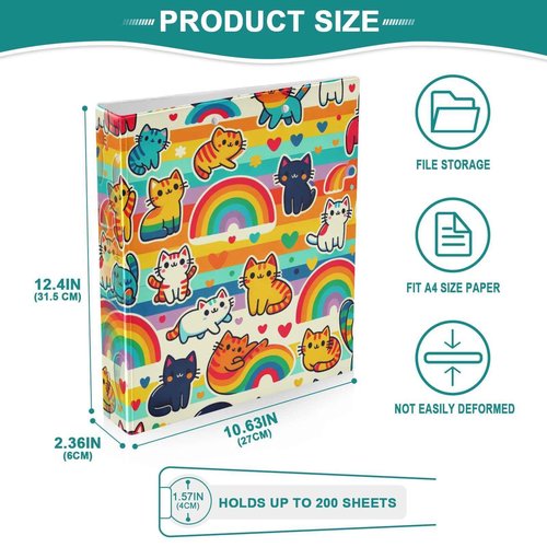 YANENDIE Cute Rainbow Cats 3 Ring Binder, 1.5 Inch Round Rings to Hold 200 Sheets, Heavy Duty 3 Ring Binder with Clipboard for Home Office Supplies 2 Pack