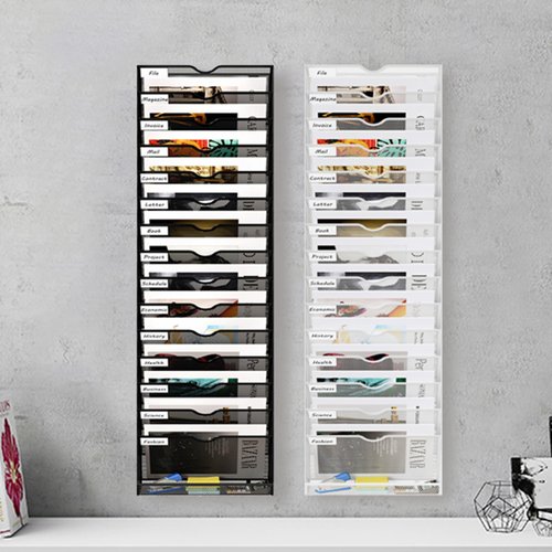 Senhoglb 16 Tier Hanging Wall File Holder, Metal A4 Wall Mounted Document Holder, Vertical Hanging Mail Organizer, Magazine Storage Rack with Tray for Office Home Classroom, Black