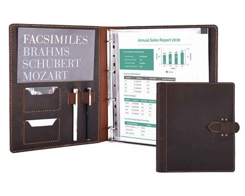 Leather Portfolio Binder Resume Folder 4-Ring Organizer - Handmade Genuine Cowhide Padfolio for Men Women Large Capacity Holds A4 Files Business Card Holder Pen Slots for Interview Conference(D.Brown)