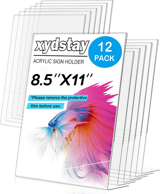 Xydstay 12-Pack Acrylic Menu Holders - Unbreakable L-Shape Clear Plastic Sign Holders | 8.5x11 for Restaurant & Home Use