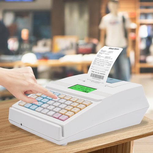 Electronic Cash Register, 40 Keys 40W Cash Register for Small Businesses with with 70mm/s Printing Speed Cash Management System for Restaurant Supermarket Retail 8-Digits LED Display White