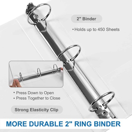 2 Inch 3-Ring Binder, 2" Round Ring Binder with 2 Inside Pockets, 6 Pack White Binders, Clear View Cover, Holds Up to 450 Sheets 8.5" x 11" Paper，Durable Binders for Office/Home/Back to School