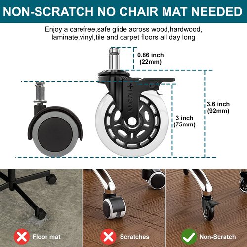 TICONN Office Chair Caster Wheels Set of 5 with Brake+ 2" Dual Wheels Set of 5