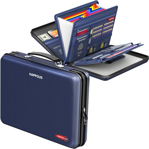 Fireproof File Organizer - Expanding 13-Pocket Folder | Portable Hard-Shell Document Storage - Blue