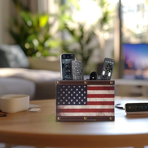 DreamsEden Wooden Remote Control Holder, Leather TV Caddy for Table, Decorative American Flag Organizer Storage Box for Home Office