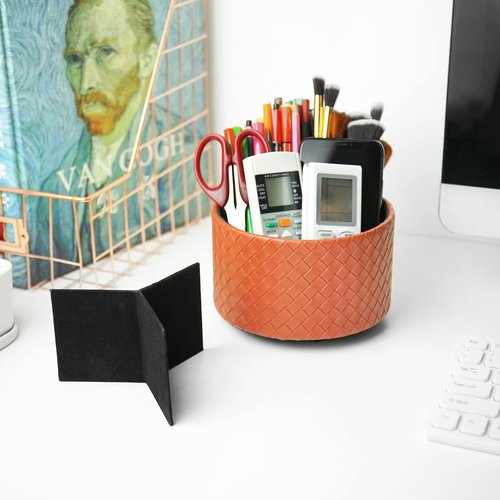 Haecsfl Classic Elegant Round Leather Art Supply Organizer with 3 Compartments, 360-degree Rotating Pen Organizer, Brown
