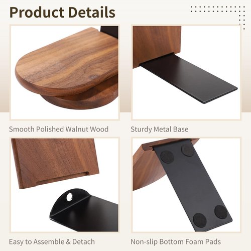 4 Pairs Wood Bookends, Heavy Duty Book Ends for Heavy Books, Non-Skid Book Organizers for Desk, Stylish Walnut Wood Design with Curved Top & Metal Support Base