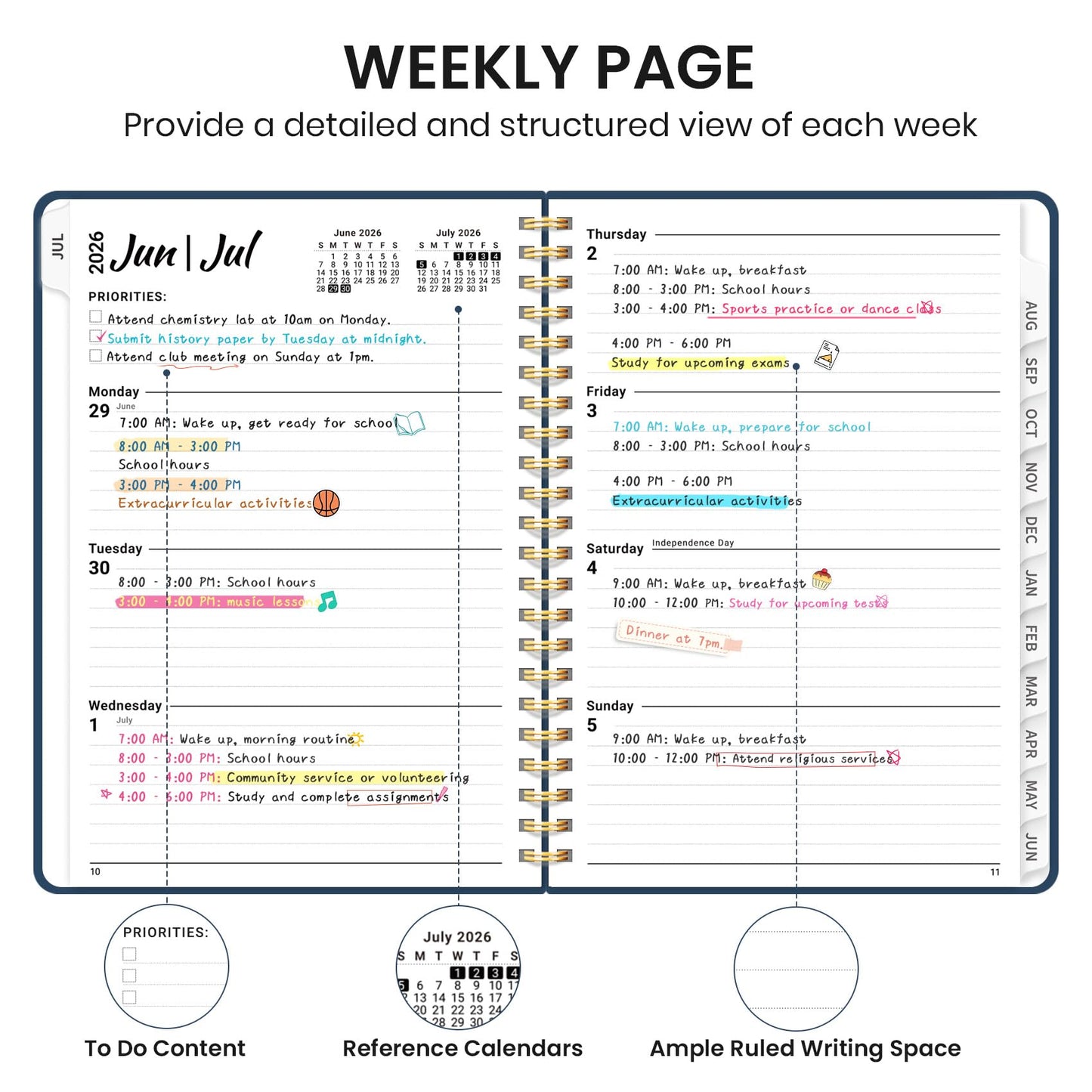 Planner 2026-2027 for Women & Men, Set of 3, Academic Monthly and Weekly Calendar Planner, Jul 2026 - Jun 2027, A5 (6.3" x 8.5"), Teacher Student Planning Book with Tabs, Ideal for Office School Supplies - 3 Navy Blue
