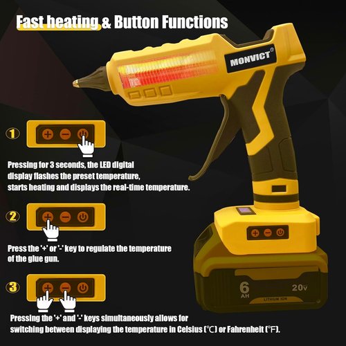 MONVICT Cordless Glue Gun - 100W Digital Temperature Adjustable | Heavy-Duty Full Size, Includes 10 Glue Sticks