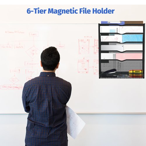 Ounyoizs 6-Tier Magnetic File Holder, Large Capacity File Cabinet Organizer, No-Drill Mount Hanging Magnetic Paper Holder for File Cabinets, Office, Whiteboard, Magnetic Mail Holder, Black