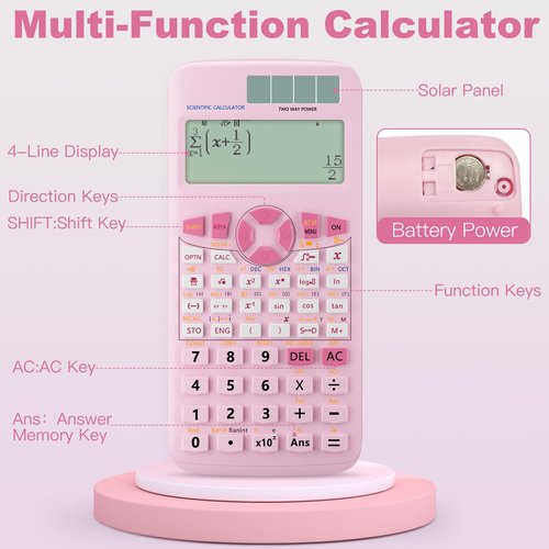 Scientific Calculators,Rudnia Pink Solar Calculators with 4-line Display,10+2 Digits and 552 Function Calculator,School Supplies for Middle High School and College Students (Pink)