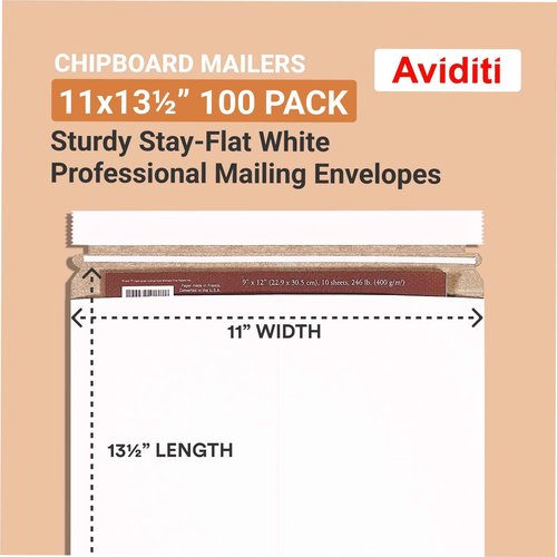 BOX USA Flat Mailer 11"L x 13.5"W 100-Pack White,Stayflat Mailer Envelope Durable Lightweight Rigid Mailers for Documents, Photos, Artwork, Shipping & Document Storage11x13.5