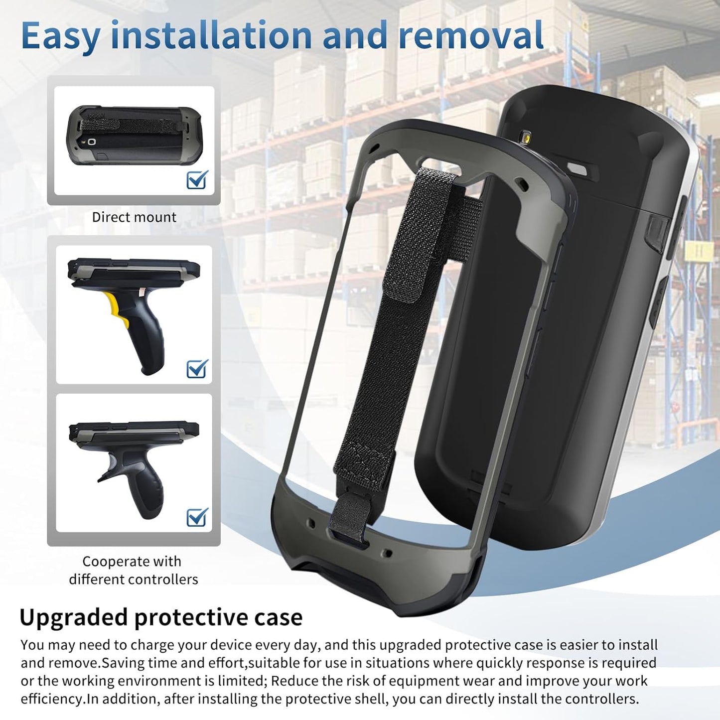 Zebra Protective Case Cover - Rugged Boot with Hand Strap & Tempered Glass for TC51/TC52/TC56/TC57 (Black)